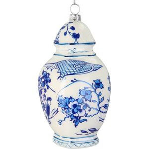 Cactula glazen kerstbal kersthanger Chinese pot / vaas blauw wit 7x7x13cm