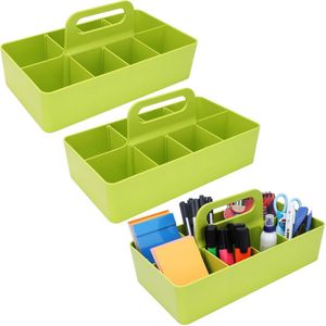 Belle Vous 3 Pak Groene Plastic Bureau Organizer Caddy’s met Handvat - 17 x 33 x 8 cm - Draagbare Opslag Houder met 8 Compartimenten voor Kantoorspullen, Pennen, Potloden & Knutselbenodigdheden