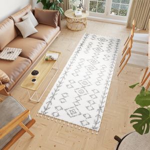 Tapiso Boho Loper Licht Beige Kwastjes Woonkamer Hoogpolig Vloerkleed Maat- 100x400