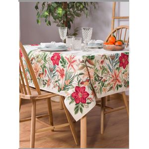 Tafelkleed  - luxe gobelinstof - Tiffany- Kleurige rode bloemen en vlinders - Vierkant 100 x 100