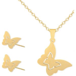 Cadeau Ketting & Oorbellen set met Vlinder - Roestvrij Staal - Goudkleurig - Cadeau Sieraad op Kaartje - Pax Amare