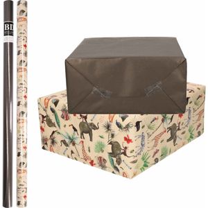 8x Rollen kraft inpakpapier jungle/oerwoud pakket - dieren/zwart 200 x 70 cm - cadeau/verzendpapier