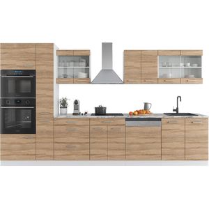 Vicco R-Line Keukenblok – 350 cm met hoge kast, met marmeren werkblad Sonoma/Wit met hoge kast, met marmeren werkblad