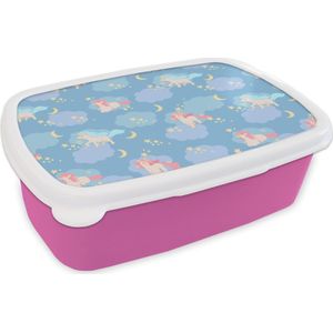 Broodtrommel Roze - Lunchbox - Brooddoos - Unicorn - Patronen - Sterrenhemel - 18x12x6 cm - Kinderen - Meisje
