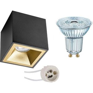 OSRAM - Opbouwspot Set - Parathom PAR16 927 36D - Proma Cliron Pro - GU10 Fitting - Dimbaar - Opbouw Vierkant - Mat Zwart/Goud - 3.7W - Warm Wit 2700K - Verdiept - 90mm