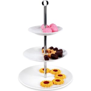 Etagère Porselein Wit met 3 Verdiepingen 25,5 cm - Serveertoren - Taartplateau - Cupcakestandaard - Taartstandaard
