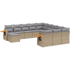 The Living Store 11-delige Tuinset met kussens poly rattan beige - Loungeset - Tuinset - Buitendecoratie - Tuinbank - Loungehoek