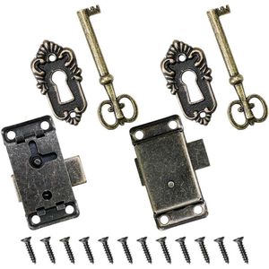 Antieke kastslot met sleutel voor kastdeuren, brievenbussen, kluisjes, gereedschapskisten - 2 stuks, incl. schroeven (groenbruin)