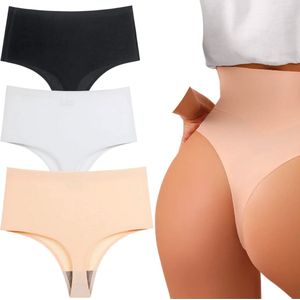Naadloze corrigerende High waist string voor Dames - Maat XL - Set van 3: Zwart, Wit, Huidskleur - Ultrazacht - Ondergoed dames