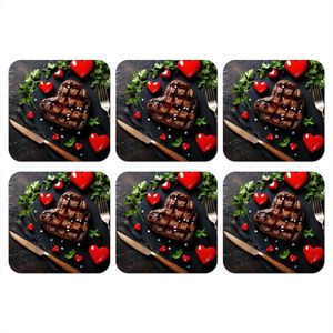 Onderzetters voor glazen - Steak - Hart - Bestek - 10x10 cm - Glasonderzetters - 6 stuks