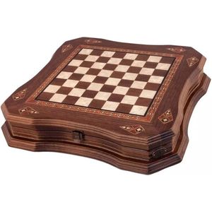 Handgemaakte houten schaakbord met opbergsysteem - Metalen Schaakstukken - Luxe uitgave - Schaakspel - Schaakset - Schaken - Chess - 38,5 x 38,5 cm