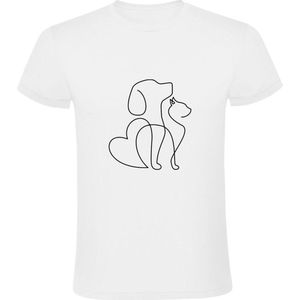 Hond en Kat tekening Heren T-shirt | dog | cat | cute | schattig | poes | dier | huisdier | dierendag | dierenliefhebber | Wit