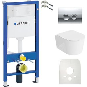Inbouwreservoir Complete Toiletset Geberit Duofix Basic - Inbouw WC Hangtoilet Wandcloset LOSO Wit Hoogglans - Bedieningsplaat DELTA Chroom Rund - Voorwandelement - Installatiesysteem