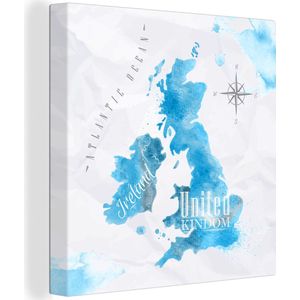 Canvas Wereldkaart - 50x50 - Wanddecoratie Engeland - Wereldkaart - Blauw