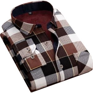 Geblokt flanellen overhemd - fleece gevoerd - bruin creme - XL