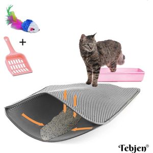 TEBJEN Kattenbakmat – Kattenbak Mat Grit Opvanger - Schoonloop Katten mat – Dubbele Waterdichte Laag – Uitloopmat Kattenbak – Kattenbak Accessoires - Met Speelgoedmuisje En Schepje - Grijs - 45cm * 60cm