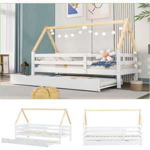 Boomhutbed, dagbed, 1-persoonsbed, kinderbed, uitschuifbaar bed, uitschuifbaar bed met wielen onder, massief hout, wit bed, naturelkleurig dakspant (200x90cm)