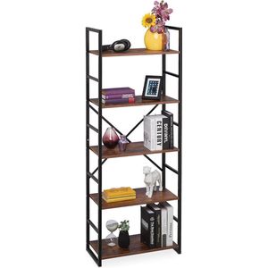 Boekenkast met 5 etages, industrieel design, modern boekenrek in bruin en zwart