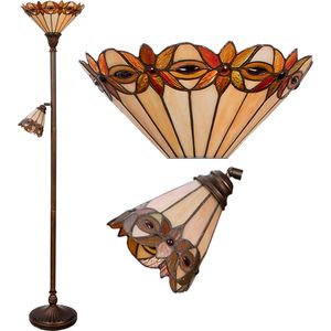 HAES DECO - Tiffany Vloerlamp Ø 35 / Ø 14x176 cm Beige Rood Metaal Glas Staande Lamp Staanlamp Tiffany Lamp