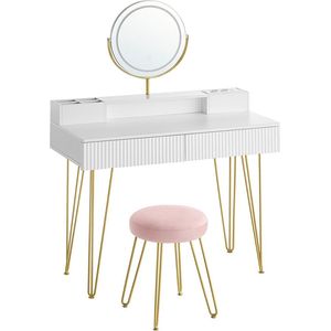 Vanity Set met Kruk - Make-uptafel - Dressoir - Geïntegreerde verlichting - Matwit-lichtgoud - 40 x 100 x 134,8 cm