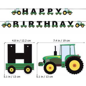 Originele Slinger Happy Birthday Boerderij / Traktor en Kar – Vlag – Versiering – Banner – Guirlande - Traktor / Tractor | Geel - Groen - Zwart | Auto's – Bouwen | Verjaardag – Feest – Party – Birthday – Babyshower - Kinderverjaardag | Kids – Jongen