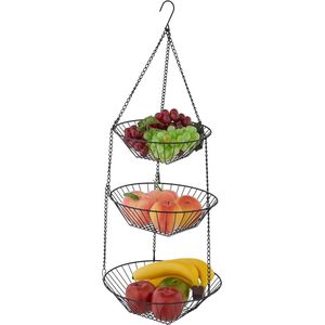 Hangende fruitmand - 3 lagen - 73 x 28 cm - staal - ronde draadmand - fruit & groente - zwart