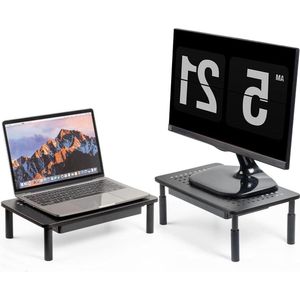 Monitor Standaard - Beeldscherm Standaard met Lade - Hoogte Verstelbaar - 2 Schermen - Kabelbinders - Metaal - Draagkracht 20 kg