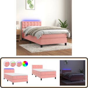 vidaXL Boxspring met LED en Matras - Roze, 90x200 cm Boxspring - Fluweel Bed - Rozerood Bed - Tweepersoonsbed - Led Lampje