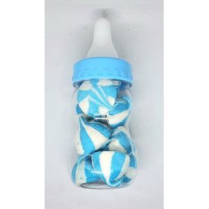 blauwe - grote - papfles - spaarpot - met - vulling - mixspekken - geboorte - babyshower - doop - bedankje