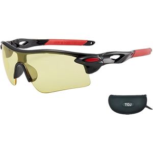 Fietsbril Met Hoes | Sportbril | Racefiets | Mountainbike | MTB | Sport Fiets Bril| Zonnebril / Nachtbril | UV Bescherming | Zwart/Rood | Gele Lens