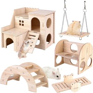 5 stuks houten DIY speelgoed voor hamsters - schuilplaats huis brug wip schommel trainingsspeelgoed - hamsteraccessoires voor kooi (gerbils ratten)