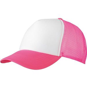 Myrtle Beach Volwassenen Unisex 5 Panel Polyester Mesh Cap (Wit/neon-roze)