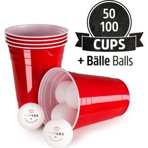 VIVALOO Bierspel – Drankspel - Set van 50 Plastic Bekers en 6 Beer Pong Ballen – Feest Wegwerpbekers – Rood - 455 ml