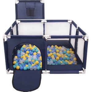 Selonis Grondbox voor Baby met 400 Ballen - Kinderbox - Speeltuin - Baby box inklapbaar voorkinder - Ballenbak ballen - Kruipbox - Speelbox playpen - Speelballen - Speelomgeving - Blauw: Turkoois Blauw Geel Transparant