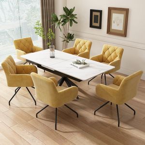 Set van 6 eetkamerstoelen met ruitpatroon, gestoffeerde fauteuil met 4 metalen poten, moderne loungestoel, stoel voor woonkamer, slaapkamer, studeerkamer en bureau, gemaakt van spons en fluweel, geel