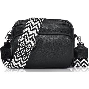 Crossbody tas voor dames - Zwart - 22 x 16 x 8 cm - Met aztec schouderriem - Schoudertas voor vrouwen - Verstelbare schouderband - Handtas met ritsen - Waterbestendig - Zilveren hardware - Telefoontas - Festivaltas - PU leer