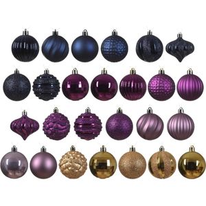 Decoris kerstballen - 30x st kunststof - donkerblauw/goud/paars - 7 cm