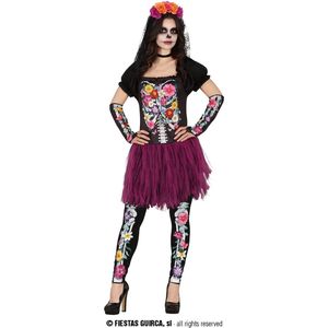Guirca - Spaans & Mexicaans Kostuum - Vol Van Bloemen Skelet Florentina - Vrouw - Paars, Zwart - Maat 38-40 - Halloween - Verkleedkleding