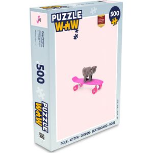 Puzzel Poes - Kitten - Dieren - Skateboard - Roze - Legpuzzel - Puzzel 500 stukjes