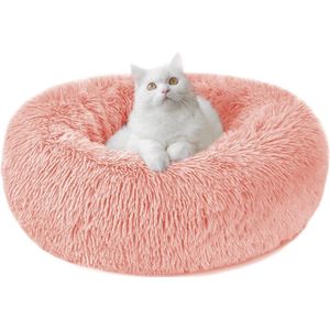 Kattenmand pluizig rond gemaakt van pluche - donut knuffelig hondenkussen hondenmand wasbaar S/M/L/XL/XXL voor kleine, middelgrote en grote honden, katten en andere huisdieren (M-50cm, roze)