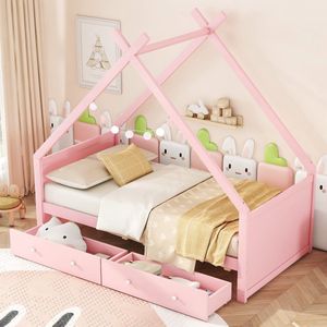 Sweiko Kinderbed, 90x200cm Babybedje, Plat bed, Huisvensterbank, met lades, twee opbergvakken, minimalistisch design, Roze(Geen matras)