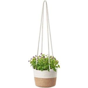 Hangende bloempotten, 20 cm, zeegras, plantenpot, hangende plantenmand, natuurlijk katoen, handgeweven bloemenhanger, plantenhanger met lang hangend touw voor binnen en buiten (groot)