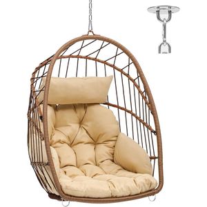 Hangende Rotan Eierstoel met Kussens – Schommelstoel met Stevig Stalen Frame, Ketting en S-Haak – Voor Tuin, Terras of Woonkamer (Bruin/Beige)
