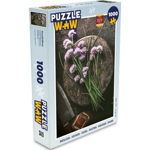 Puzzel Bieslook - Keuken - Vijzel - Rustiek - Kruiden - Paars - Legpuzzel - Puzzel 1000 stukjes volwassenen