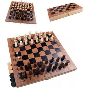 Shagam - 3-in-1 Set - 39 x 39 cm - Schaakbord - Dambord (8x8) - Backgammon - Hout - Met Schaakstukken - Opklapbaar - Schaakspel - Schaakset - Schaken - Chess - Damset