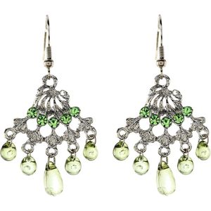 Behave - Oorbellen - Dames - Zilverkleur - Groene Steentjes en Kraaltjes - 2.7 cm x 5.2 cm