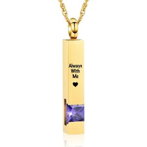 Luxe Ashanger | Met Ketting En Gravering | Always With Me | Assieraad | Goudkleurig Met Paarse Steen | As Ketting | Gedenksieraad | Urn | Incl. As vuller