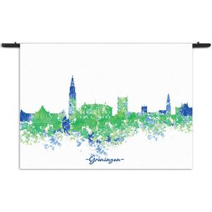Velours Wandkleed Skyline Groningen Watercolor Paint Rechthoek Horizontaal XL (105 X 150 CM) - Wandkleden - Met roedes