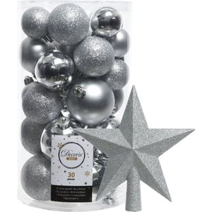 Decoris kerstballen 30x stuks - zilver 4/5/6 cm kunststof mat/glans/glitter mix en kunststof piek 19 cm