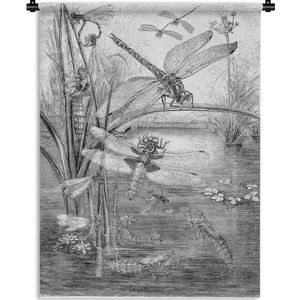 Wandkleed Libelle illustratie - Een zwart-wit illustratie van enkele libellen Wandkleed katoen 60x80 cm - Wandtapijt met foto